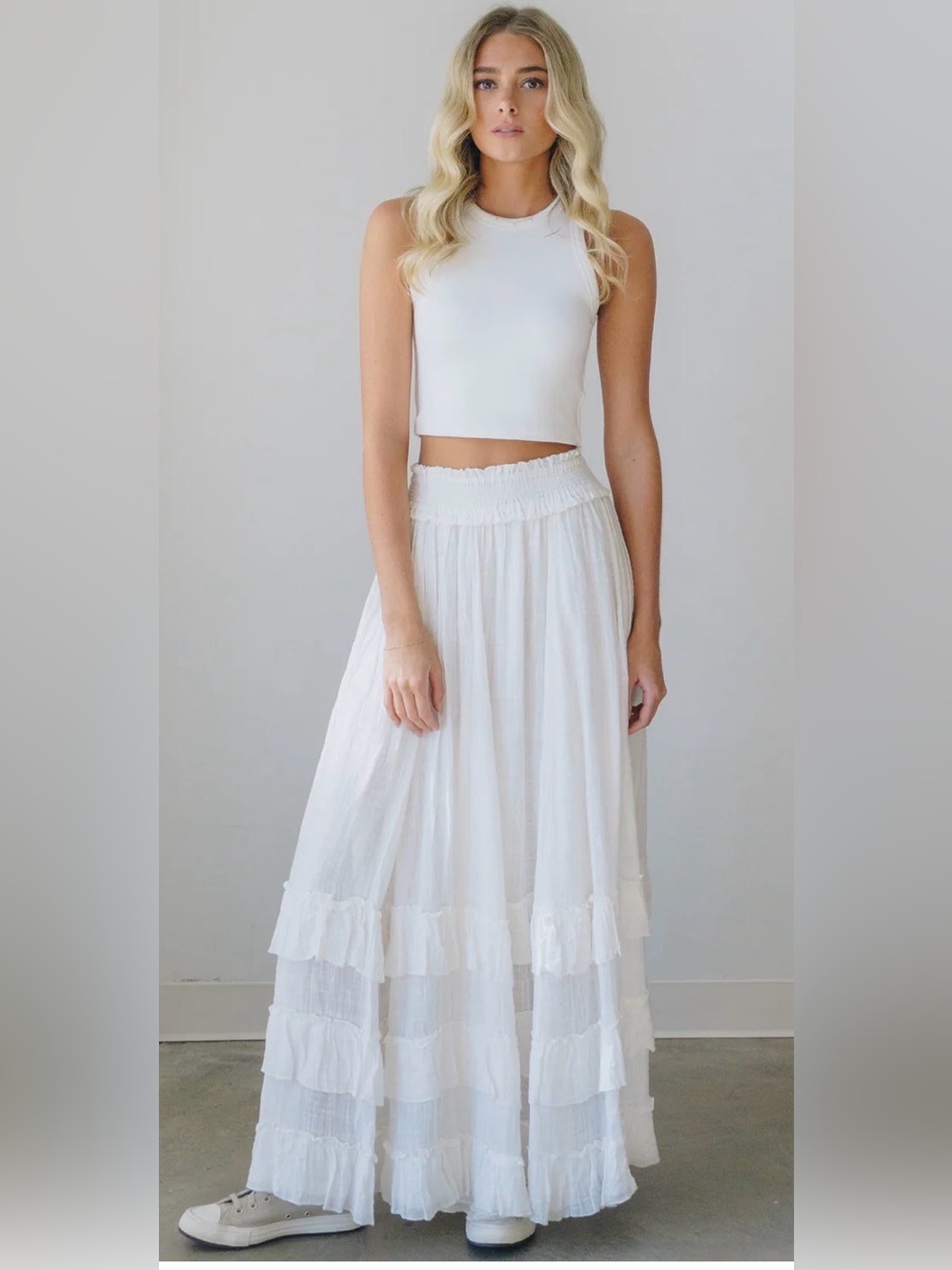 Free People White Tiered Maxi Skirt